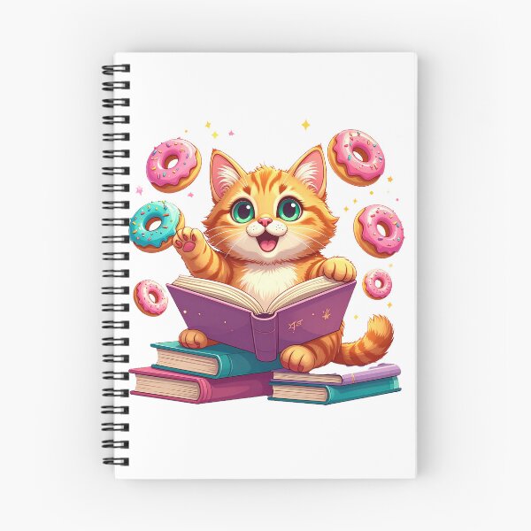 Item preview, Cute Ginger Cat Trying to Read While Flying Pink Donuts Distract Him Funny Cartoon designed and sold by OksArtStudio.