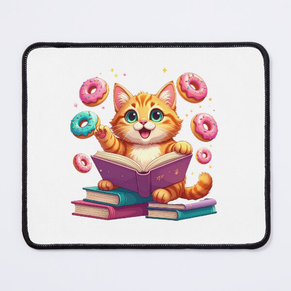 Item preview, Cute Ginger Cat Trying to Read While Flying Pink Donuts Distract Him Funny Cartoon designed and sold by OksArtStudio.