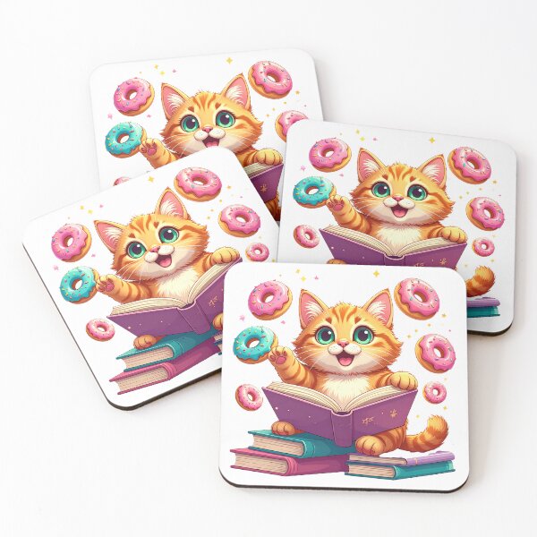 Item preview, Cute Ginger Cat Trying to Read While Flying Pink Donuts Distract Him Funny Cartoon designed and sold by OksArtStudio.