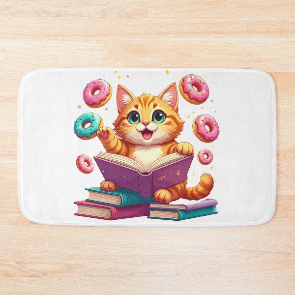 Item preview, Cute Ginger Cat Trying to Read While Flying Pink Donuts Distract Him Funny Cartoon designed and sold by OksArtStudio.