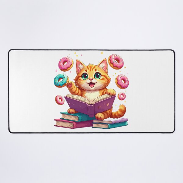 Item preview, Cute Ginger Cat Trying to Read While Flying Pink Donuts Distract Him Funny Cartoon designed and sold by OksArtStudio.