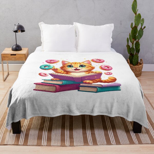 Item preview, Cute Ginger Cat Trying to Read While Flying Pink Donuts Distract Him Funny Cartoon designed and sold by OksArtStudio.