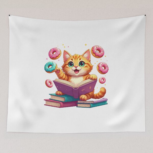 Item preview, Cute Ginger Cat Trying to Read While Flying Pink Donuts Distract Him Funny Cartoon designed and sold by OksArtStudio.