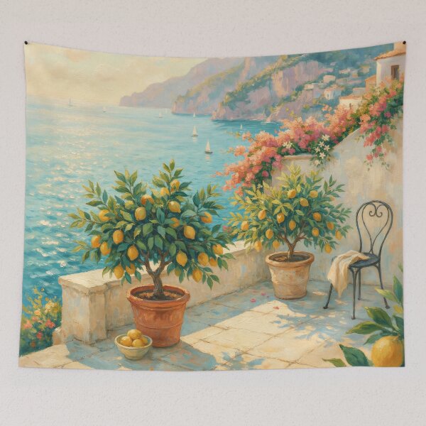 Item preview, Amalfi Lemon Terrace at Golden Morning | Impressionist Mediterranean Coastal Wall Art designed and sold by Tamas Das.