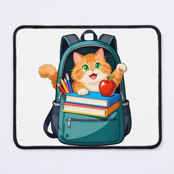 Item preview, Cute Ginger Cat Climbing Out of a School Backpack Filled with Supplies and a Red Apple designed and sold by OksArtStudio.