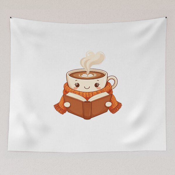 Item preview, Cute Coffee Cup Reading a Book Wrapped in a Cozy Scarf Autumn Cartoon  ?? НАЗВА designed and sold by OksArtStudio.