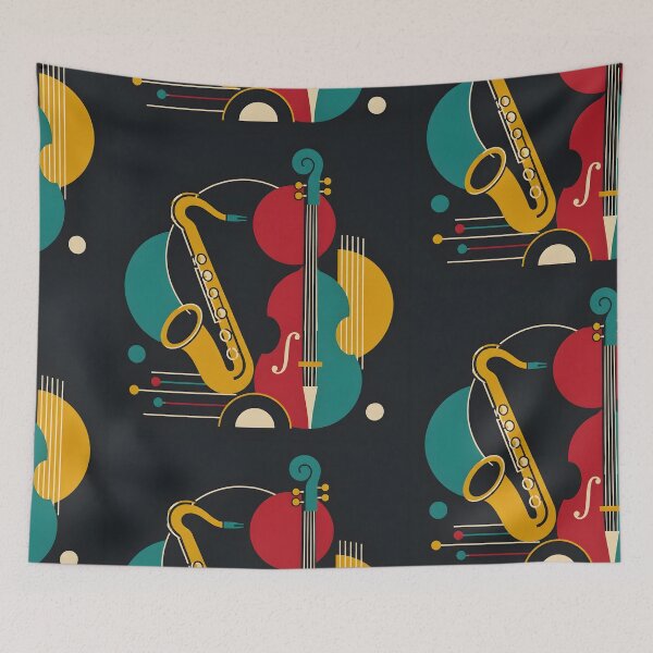 Item preview, Minimalist Jazzy Architecture Art Print | Mid Century Concrete Modern Jazz Poster | Geometric Saxophone and Double Bass Canvas designed and sold by SergioMiklos.