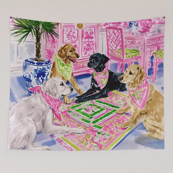Item preview, Grandmillennial art, Dogs playing mahjong designed and sold by SophieClimaArt.