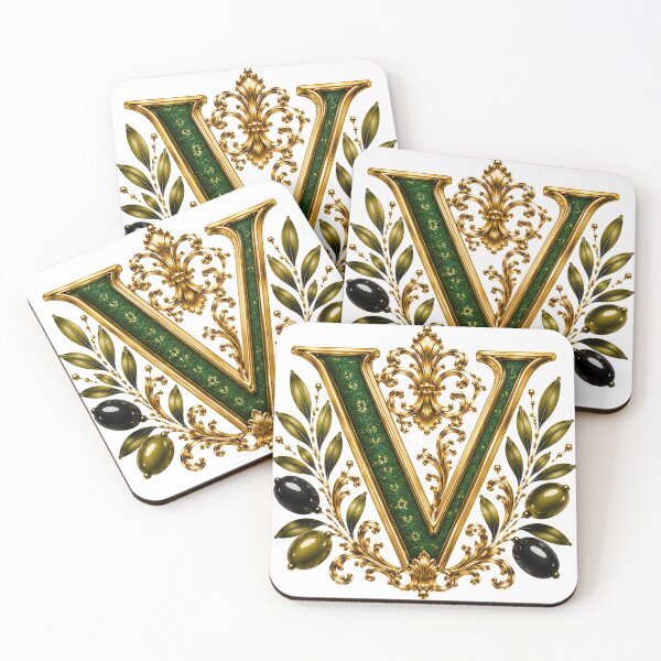 Aperçu de l'œuvre Monogramme élégant en forme de V orné de branches d'olivier et d'un motif botanique doré | Initiale florale verte de luxe créée et vendue par MoodLay.