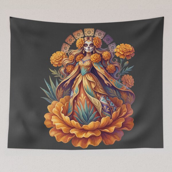 Item preview, Día de los Muertos Marigold Flower Goddess designed and sold by MythicCotton.