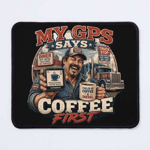 Item preview, Funny Trucker Gift My GPS Says Coffee First Semi Truck Driver Design designed and sold by thoughtswear.