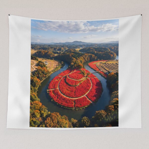 Item preview, Crimson Red Spider Lily Autumn Aerial Landscape designed and sold by conohitoAI-ArtGallery.