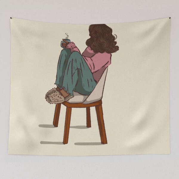 Item preview, Woman in a pink shirt drinking coffee in blue cup  designed and sold by Hessah-HA.