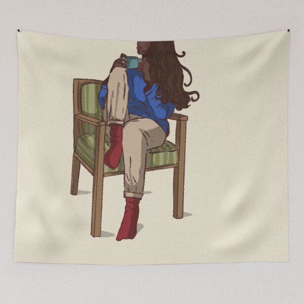 Item preview, Woman in a blue shirt drinking coffee in blue cup  designed and sold by Hessah-HA.