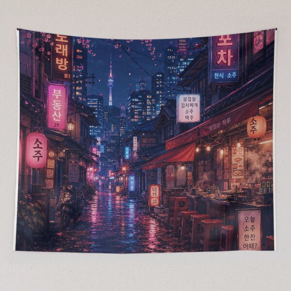 Item preview, Neon alley in rainy Seoul designed and sold by nirinalovell.