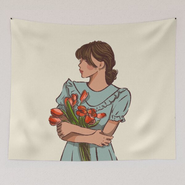 Item preview, A woman in blue dress holding a flower  designed and sold by Hessah-HA.