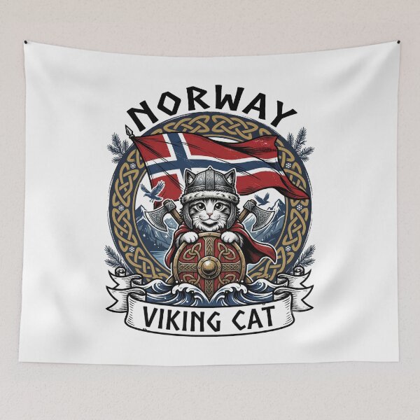 Item preview, Cute Norwegian Cat Viking Warrior Norway Flag Nordic Kitty Design designed and sold by get55shirt.