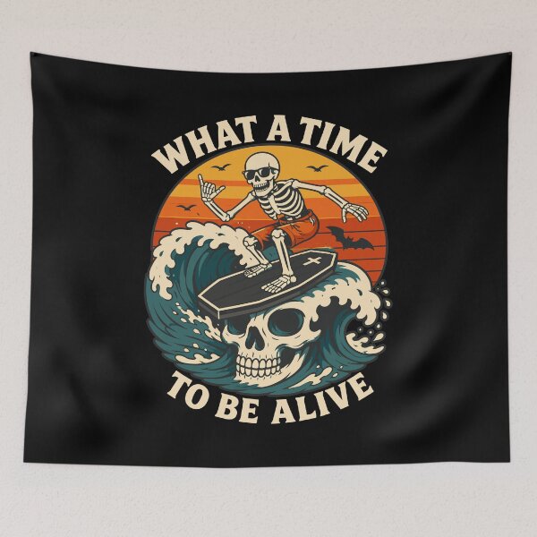 Item preview, What A Time To Be Alive Skeleton Surfer | Retro Vintage Skull Surfing Graphic designed and sold by Leeded.