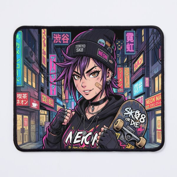 Item preview, Neo Tokyo Streetwear Anime Girl Purple Hair Cyberpunk Skater designed and sold by DigitalArtx-com.