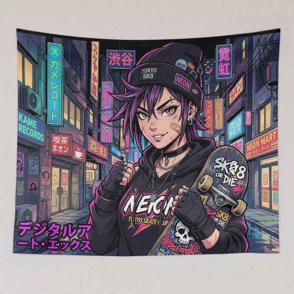 Item preview, Neo Tokyo Streetwear Anime Girl Purple Hair Cyberpunk Skater designed and sold by DigitalArtx-com.