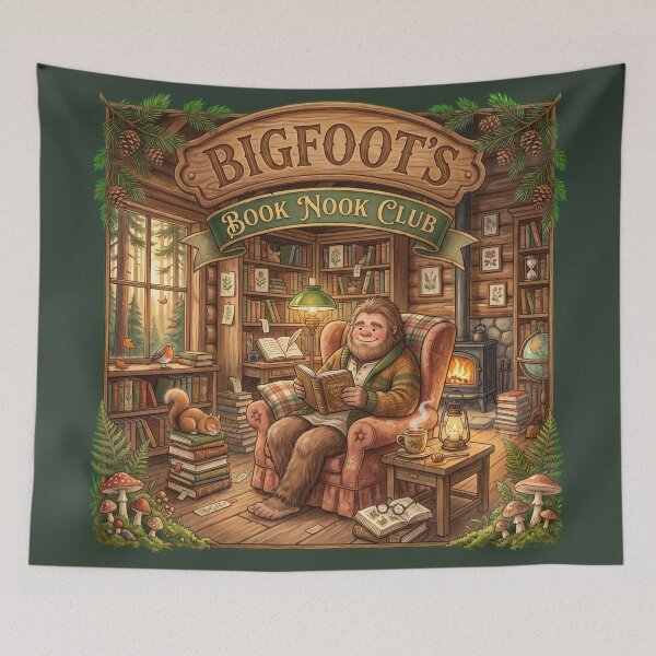 Item preview, Bigfoot's Book Nook Club | Cozy Cottagecore Sasquatch Reading Watercolor Illustration designed and sold by Whimwick.