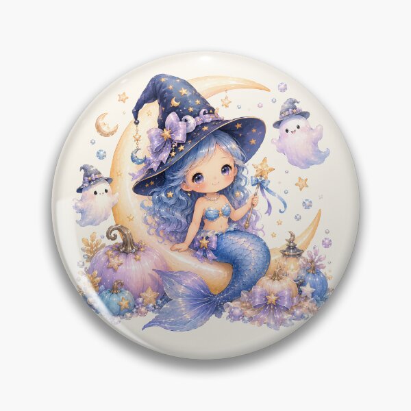 Item preview, Pastel Halloween Mermaid Witch on Crescent Moon | Cute Kawaii Ghost & Pumpkin Fantasy designed and sold by looplandger.