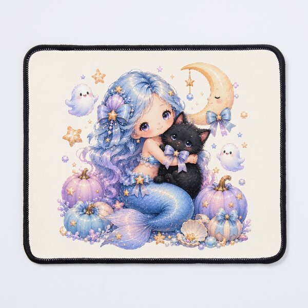 Item preview, Pastel Halloween Mermaid Hugging Black Cat | Kawaii Ghost & Moon Fantasy designed and sold by looplandger.