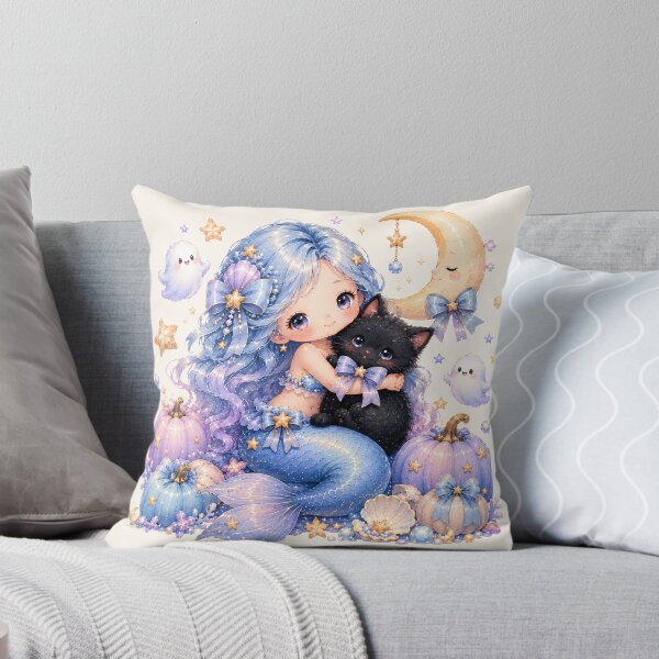 Item preview, Pastel Halloween Mermaid Hugging Black Cat | Kawaii Ghost & Moon Fantasy designed and sold by looplandger.