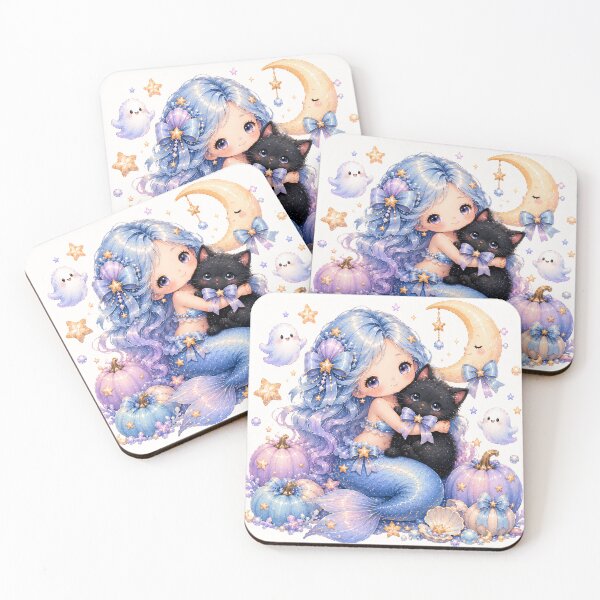 Item preview, Pastel Halloween Mermaid Hugging Black Cat | Kawaii Ghost & Moon Fantasy designed and sold by looplandger.