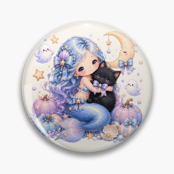 Item preview, Pastel Halloween Mermaid Hugging Black Cat | Kawaii Ghost & Moon Fantasy designed and sold by looplandger.