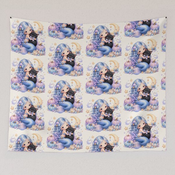 Item preview, Pastel Halloween Mermaid Hugging Black Cat | Kawaii Ghost & Moon Fantasy designed and sold by looplandger.
