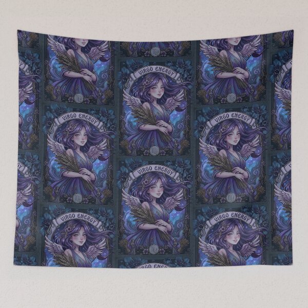 Item preview, Dark Celestial Virgo Zodiac Goddess Anime – Angel Wings, Wheat Sheaves, Galaxy Background, Floral Art Nouveau Fantasy designed and sold by RSDigitalPrintDesign.