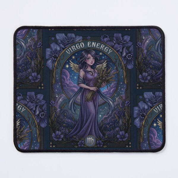 Item preview, Dark Celestial Virgo Zodiac Goddess Anime – Angel Wings, Wheat Sheaves, Galaxy Background, Floral Art Nouveau Fantasy designed and sold by RSDigitalPrintDesign.