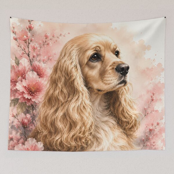 Item preview, American Cocker Spaniel with Cherry Blossoms | Elegant Floral Dog Portrait | Soft Watercolor Art designed and sold by ManJiangHong.