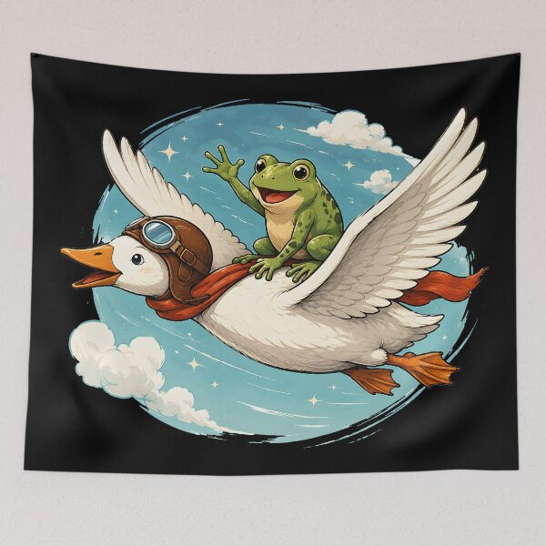 Item preview, funny Frog Riding a Goose Cute Cottagecore Aesthetic Art designed and sold by DrawHandArt.