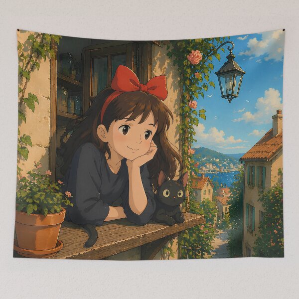 Item preview, Cute kawaii art girl [[kiki's]] -%[ghiblis]%- smile on window aways  designed and sold by uwwooshop.