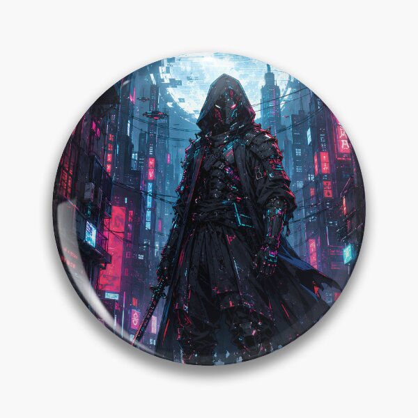 Item preview, Neon Cyborg Samurai Ronin Holographic Moon Cyberpunk Art designed and sold by The Fine Print by BassAddict.