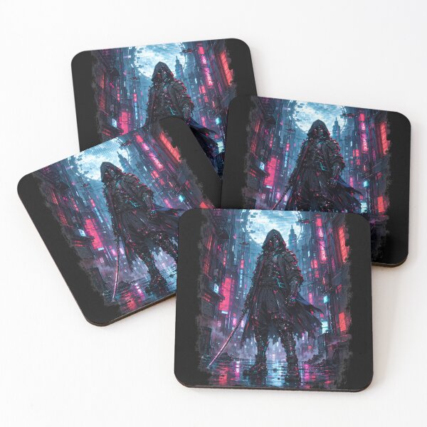 Item preview, Neon Cyborg Samurai Ronin Holographic Moon Cyberpunk Art designed and sold by The Fine Print by BassAddict.