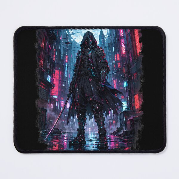 Item preview, Neon Cyborg Samurai Ronin Holographic Moon Cyberpunk Art designed and sold by The Fine Print by BassAddict.