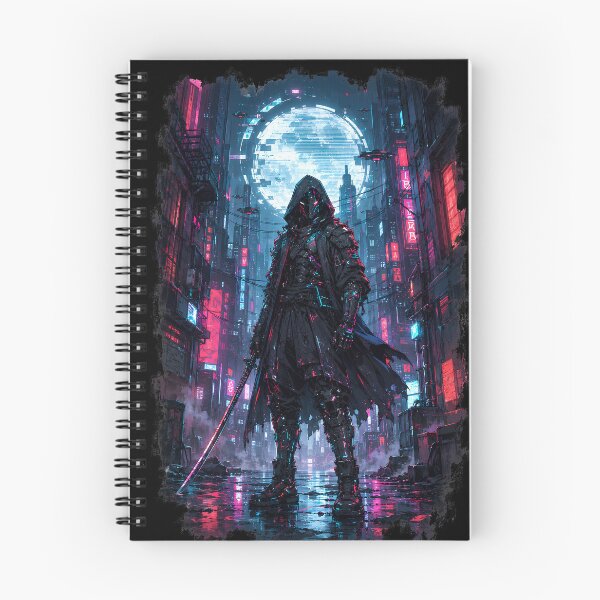 Item preview, Neon Cyborg Samurai Ronin Holographic Moon Cyberpunk Art designed and sold by The Fine Print by BassAddict.