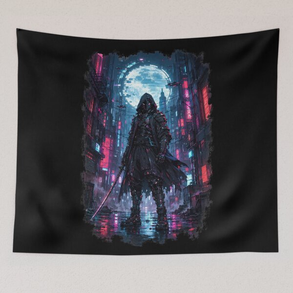Item preview, Neon Cyborg Samurai Ronin Holographic Moon Cyberpunk Art designed and sold by The Fine Print by BassAddict.