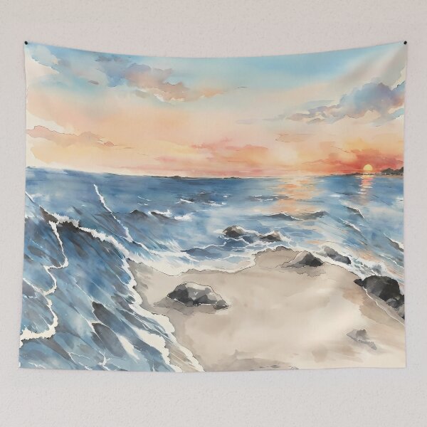 Item preview, Watercolor Ocean Sunset Beach designed and sold by HezeOtakuArt.