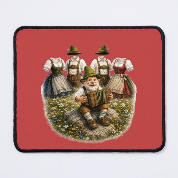 Item preview, Happy Bavarian Gnome Playing Accordion While Dancing Folk Costumes Celebrate in an Alpine Meadow designed and sold by Alpine-Ink.