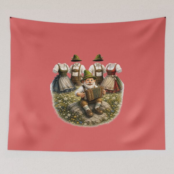 Item preview, Happy Bavarian Gnome Playing Accordion While Dancing Folk Costumes Celebrate in an Alpine Meadow designed and sold by Alpine-Ink.