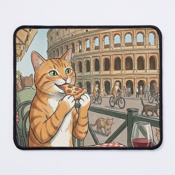 Item preview, Ginger Cat Eating Pizza in Rome Colosseum Italian Cafe Art designed and sold by Butterfly-Dream.