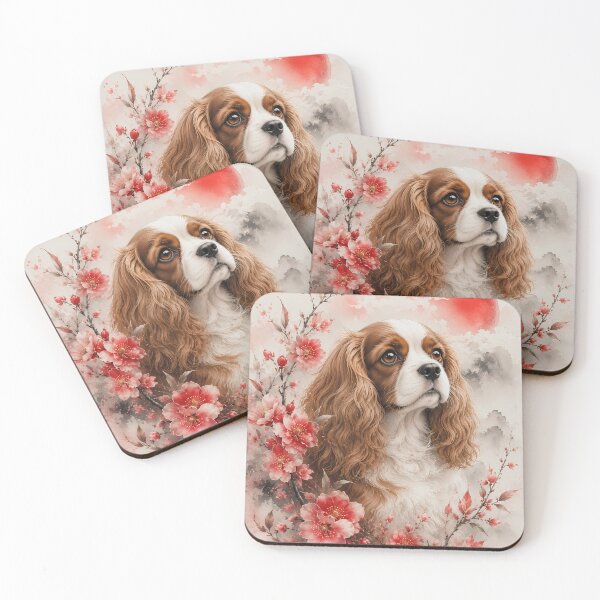 Item preview, Cavalier King Charles Spaniel with Cherry Blossoms | Watercolor Floral Dog Portrait designed and sold by ManJiangHong.