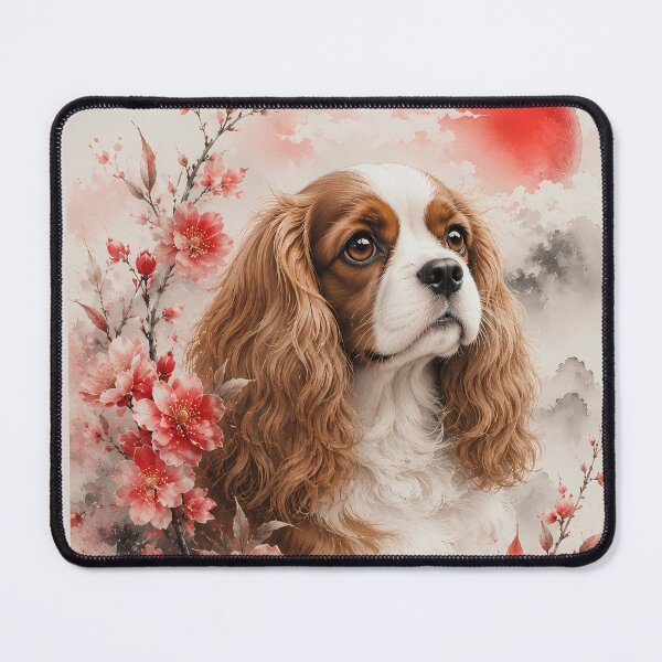 Item preview, Cavalier King Charles Spaniel with Cherry Blossoms | Watercolor Floral Dog Portrait designed and sold by ManJiangHong.