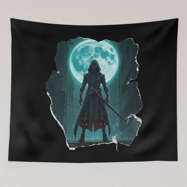 Item preview, Another of Neon Cyborg Samurai Ronin Holographic Moon Cyberpunk Art Blue Moon designed and sold by The Fine Print by BassAddict.