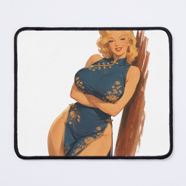 Item preview, Original Blonde Pin-Up in Blue Cheongsam | Vintage Retro Glamour Illustration designed and sold by Cosplayvintage.