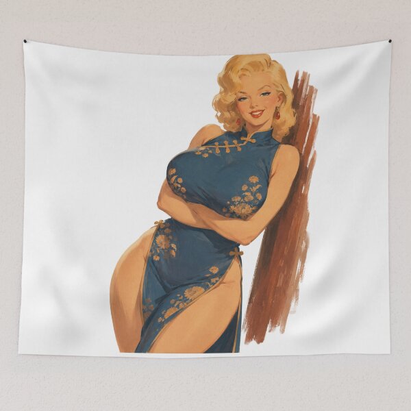 Item preview, Original Blonde Pin-Up in Blue Cheongsam | Vintage Retro Glamour Illustration designed and sold by Cosplayvintage.